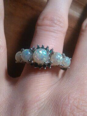 Simulated Opal Three Stone Silvertone Ring (Size 7)